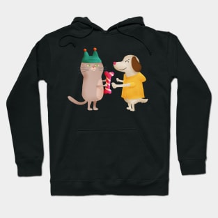 Illustration of a cat giving a bone to a dog as gift Hoodie